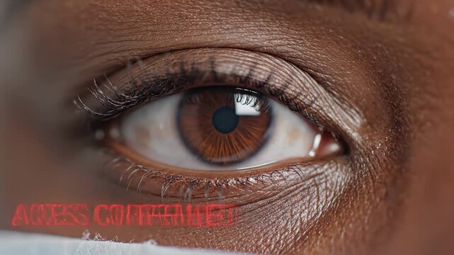 African womans eye with laser grid scanning for biometric access confirmation, showcasing progressive stages of eye recognition technology in a clinical setting