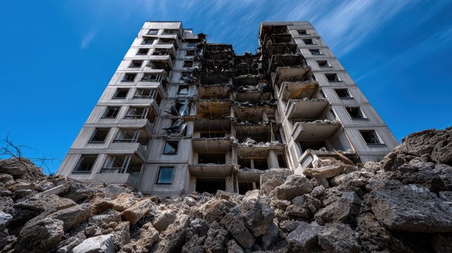 Destroyed residential building after drone strike with debris and rubble under clear sky