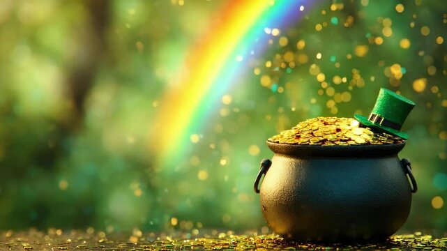 A cauldron full of gold coins with a leprechaun hat on top, a blurred festive background with a rainbow, sparkling confetti, and glitter. A traditional St. Patrick's Day celebration concept