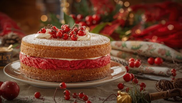 Italian holiday dessert: tasty Zuccotto pandoro filled with Raffaello cream, adorned with red currants