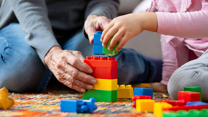 Fototapeta premium An older person and a young child are engaged in building a colorful tower with large plastic blocks.