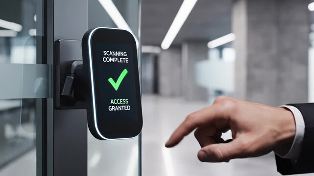 Businessman in suit uses biometric scanner to gain access, showing hand on screen, scanning in progress, and confirmation of access granted in modern office setting