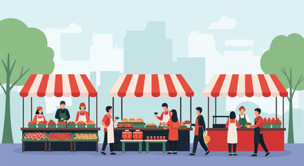 Vibrant urban market scene featuring vendors selling fresh produce and goods to shoppers lively