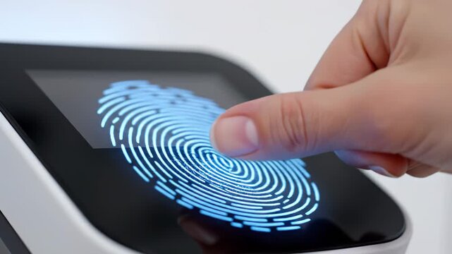 Hand pressing fingerprint scanner on device screen, displaying fingerprint pattern recognition in progressive stages, showcasing technology interaction in a modern setting