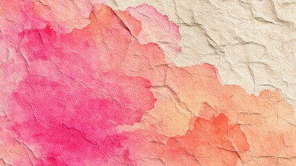 Naklejka premium Watercolor on aged paper: vivid pink and peach orange washes across a crumpled beige texture
