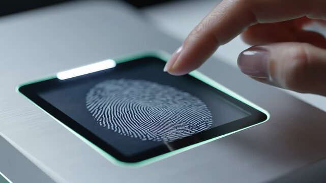 Finger touches biometric scanner screen, revealing fingerprint pattern, followed by confirmation message indicating successful access on a sleek, modern device