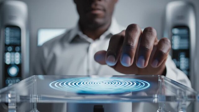 African American male interacts with a transparent touchscreen interface, activating a digital display with a finger in a modern tech environment featuring screens