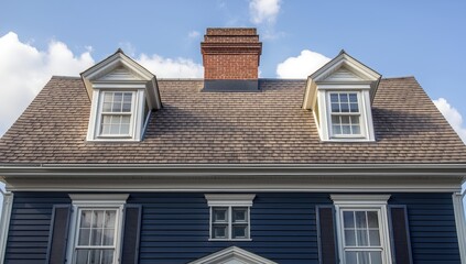 Obraz premium Classic Mansard roof featuring two dormers, cedar shakes, a red brick chimney, navy clapboard, double-hung windows, and white trim on the historic structure