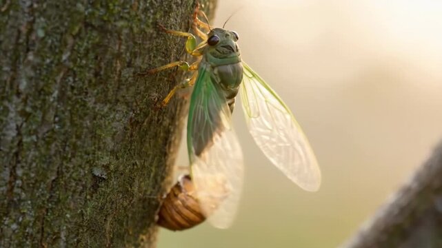Wondrous macro shot of a cicada emerging from its exoskeleton shell.