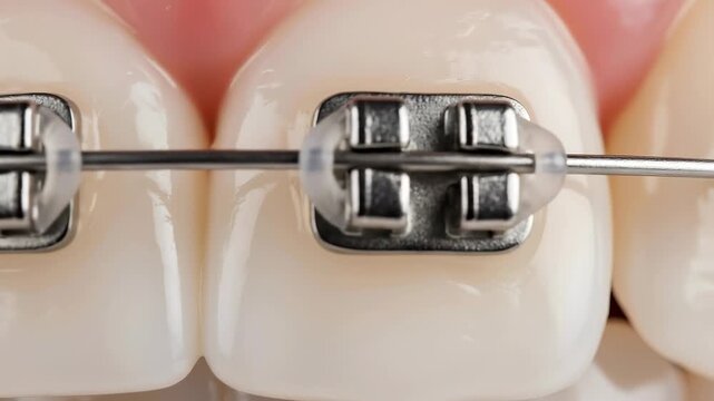 Closeup sequence of braces adjusting on teeth with metal wires in high definition