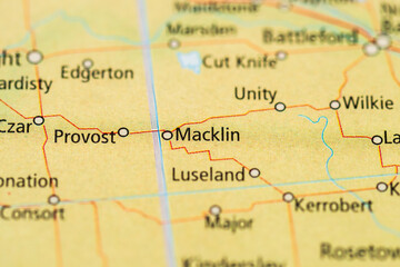Close up road map showing Macklin and Provost prairie towns.