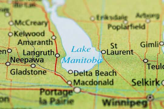 Close up printed road map showing Lake Manitoba region.