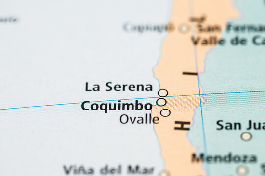 Close up map highlighting Coquimbo La Serena and Chile coastline.