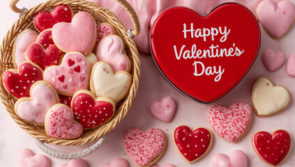 Naklejka premium A charming Valentine's Day scene featuring a woven basket filled with heart-shaped cookies next to a red heart gift box.