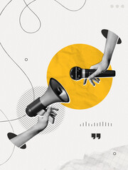 Obraz na płótnie Canvas Trendy Halftone Collage Hands holding Megaphone and microphone for media interview and news. Journalist and reporter. Broadcast recording. Streaming service. Contemporary vector illustration art
