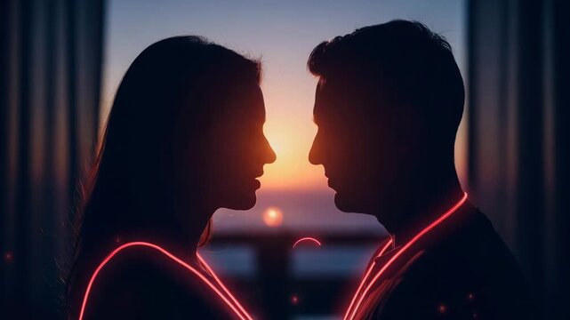 Couple Silhouettes at Sunset with Pulsing Red Neon Heart and Sparks