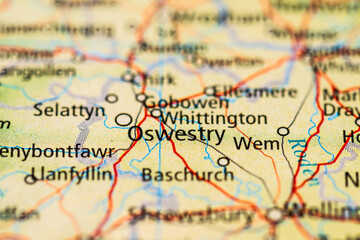 Naklejka premium Close up road map of Oswestry and surrounding towns travel concept.