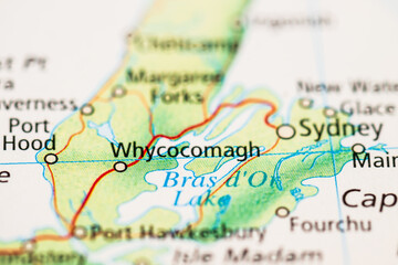Naklejka premium Macro map view of Whycocomagh and Sydney coastal routes in Nova Scotia.
