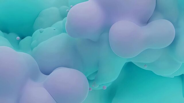 Abstract fluid motion with purple bubbles and blue water. Dynamic organic shapes shifting and merging for a modern background.