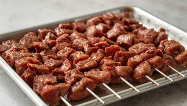 Skewered liver kebabs, a classic Turkish dish. Chunks of beef liver and tail fat lined on skewers on a tray. Prepped shish kebabs. Nutritious option