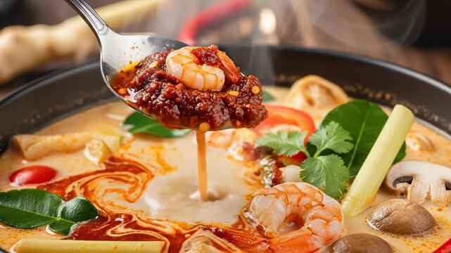 Delicious tom yum soup preparation: spoonful of spicy paste swirled into creamy broth with fresh ingredients