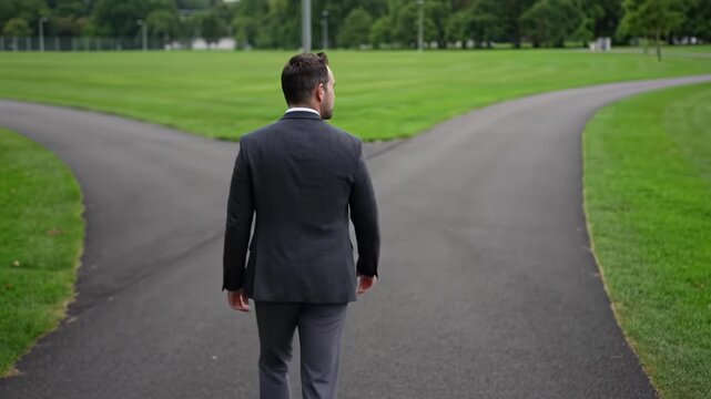A gender-neutral professional in tailored attire contemplates a decision at a park path fork, then strides confidently. Late afternoon golden hour, bokeh background, concept of career path choice