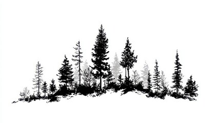 Obraz premium Cluster of evergreen silhouettes in black â€” minimalist woodland illustration on white