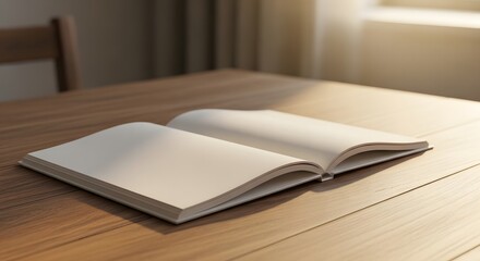 Fototapeta premium An open book with blank pages rests on a wooden table, bathed in soft sunlight from a nearby window.