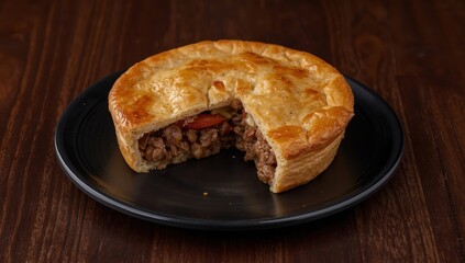 Minced beef and vegetable pie with a flaky double crust on a black plate, overhead view on a dark wood table