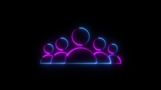 Group of five glowing neon people icon isolated animation.Community icon,Business and team work icon animation concept. 4k video animation on black background