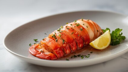 Sliced barbecue spiny lobster tail served with lemon and herbs on a contemporary plate