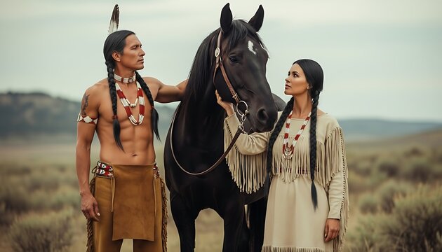 Native American couple with horse in traditional attire on the plains