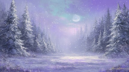 Dreamlike snowy woodland glade with twinkling lights and frost