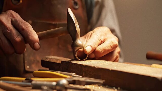 Skilled jeweler meticulously hammers a gold ring on a workbench with tools nearby