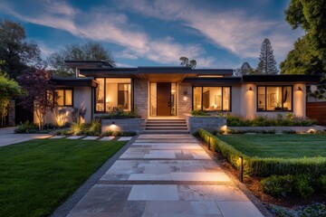 Obraz premium Dusk view of a refined home exterior with amber-lit interiors and landscaped yard