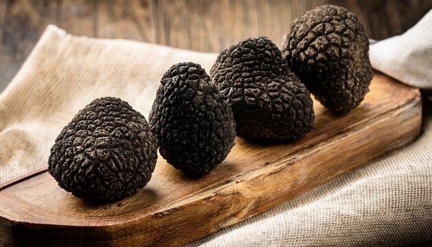 Fresh Black Truffles On Wooden Board With Rustic Linen