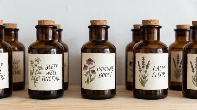 Assorted herbal tinctures and elixirs in amber glass bottles on a wooden shelf.