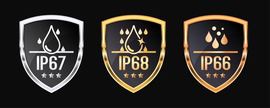 Waterproof Protection Shield Icon Set with IP66, IP67 and IP68 Ratings, Water Resistance Certification Badge for Electronics, Devices and Product Packaging Vector Illustration
