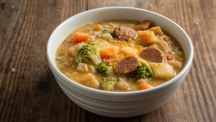 Thick cheesy sausage and vegetable soup with broccoli, carrots, and potatoes in a white bowl on a rustic wooden table, close-up shot