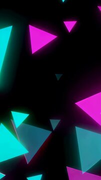 Motion of glowing neon triangles on a black background. Graphic geometric shapes animated in a seamless looped digital style. Vertical video