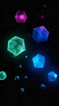 Abstract background with sparkling polygonal crystals slowly floating on a starry space vibrant light for futuristic science concept Vertical video