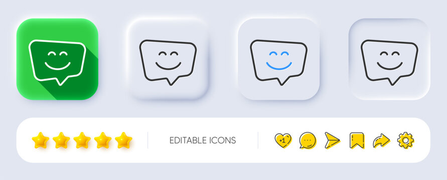 Smile face line icon. Neumorphic, Flat shadow, 3d buttons. Happy emoticon chat sign. Speech bubble symbol. Line smile face icon. Social media icons. Vector