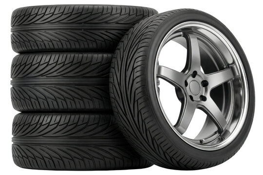 Automobile tires stacked and a single performance tire mounted on a polished silver alloy rim displayed in a dark setting