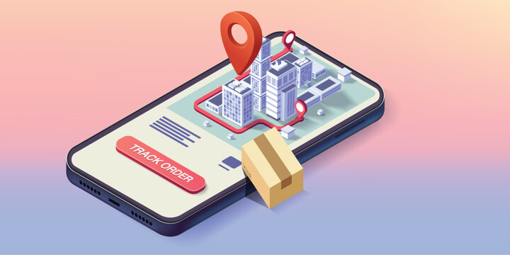 Online order tracking and delivery concept illustration with smartphone mobile application, location map pin navigation, parcel box shipment, logistics transportation system, ecommerce shipping status