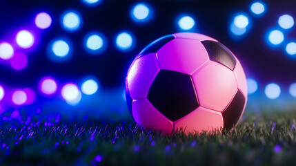Fototapeta premium Football glowing neon tones on grass isolated on white, palette of violet, cyan, and hot pink, trendy digital sports artwork, AI generated
