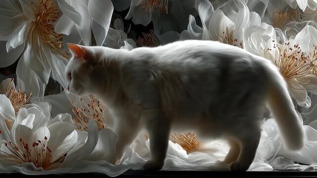 White cat sits near flowers soft focus with delicate petals backdrop