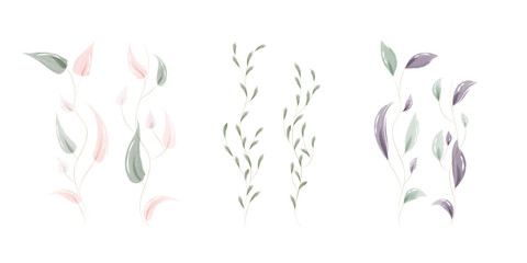 Fototapeta premium A collection of three unique watercolor leaf arrangements is displayed on a clean white background. Each set features delicate stems and leaves in soft pastel shades of pink, green, and lavender.