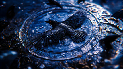 Fototapeta premium Raven spirit within runic circle, stormy dark sky and flock in flight, palette of obsidian black, silver gray, and deep blue, mystical artwork, AI generated