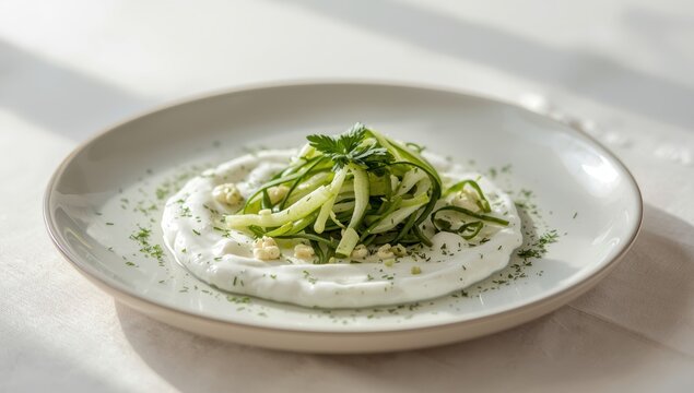 Dish featuring light yogurt sauce known as cacik, topped with fresh cucumber, herbs, and garlic. Traditional Turkish fare