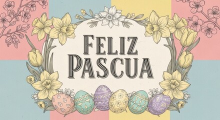 Fototapeta premium Feliz Pascua Elegant Easter Greeting Card with Watercolor Lettering and Pastel Floral Design